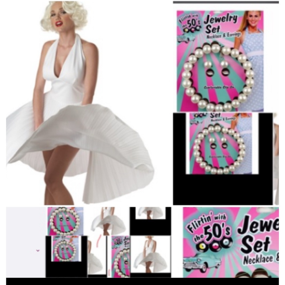3pc New Marilyn Monroe COSTUME WHITE DELUXE DRESS w PEARL JEWELRY included
